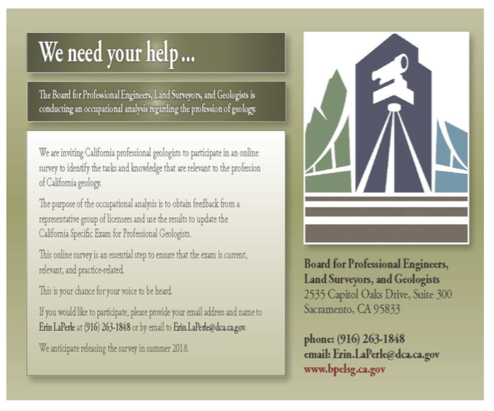 Professional Geologists Needed-Occupational Analysis Task Force Committee for BPELSG Exam Update